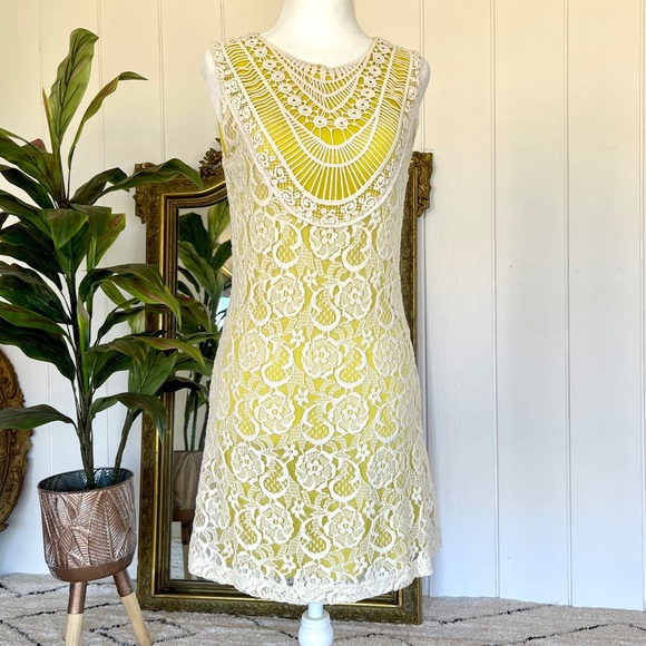 Yellow and White Lace Mini Dress - Picture 1 of 4